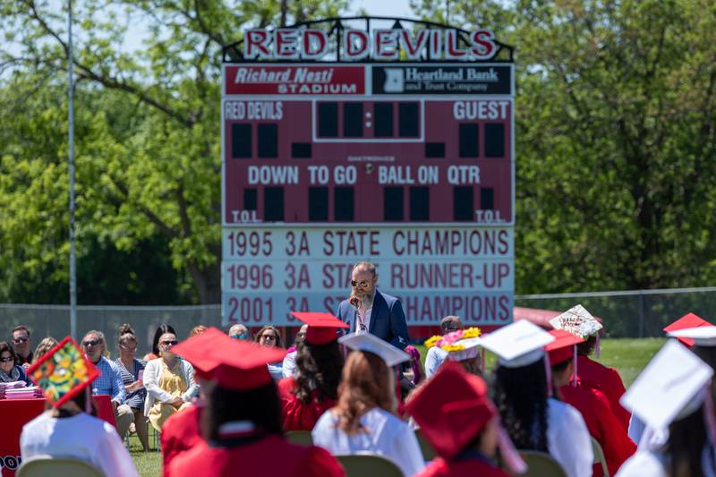 Adam Meyer speaks at graduation ceremony on Sunday, May 18, 2025 at Hall High School in Spring Valley.