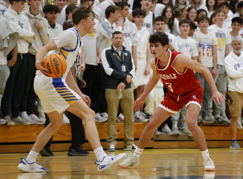 Hinsdale Central's Cole Bero (3) plays defense during a varsity basketball game between Hinsdale Central and Lyons Township high schools on Friday, Dec. 12, 2025 in La Grange.