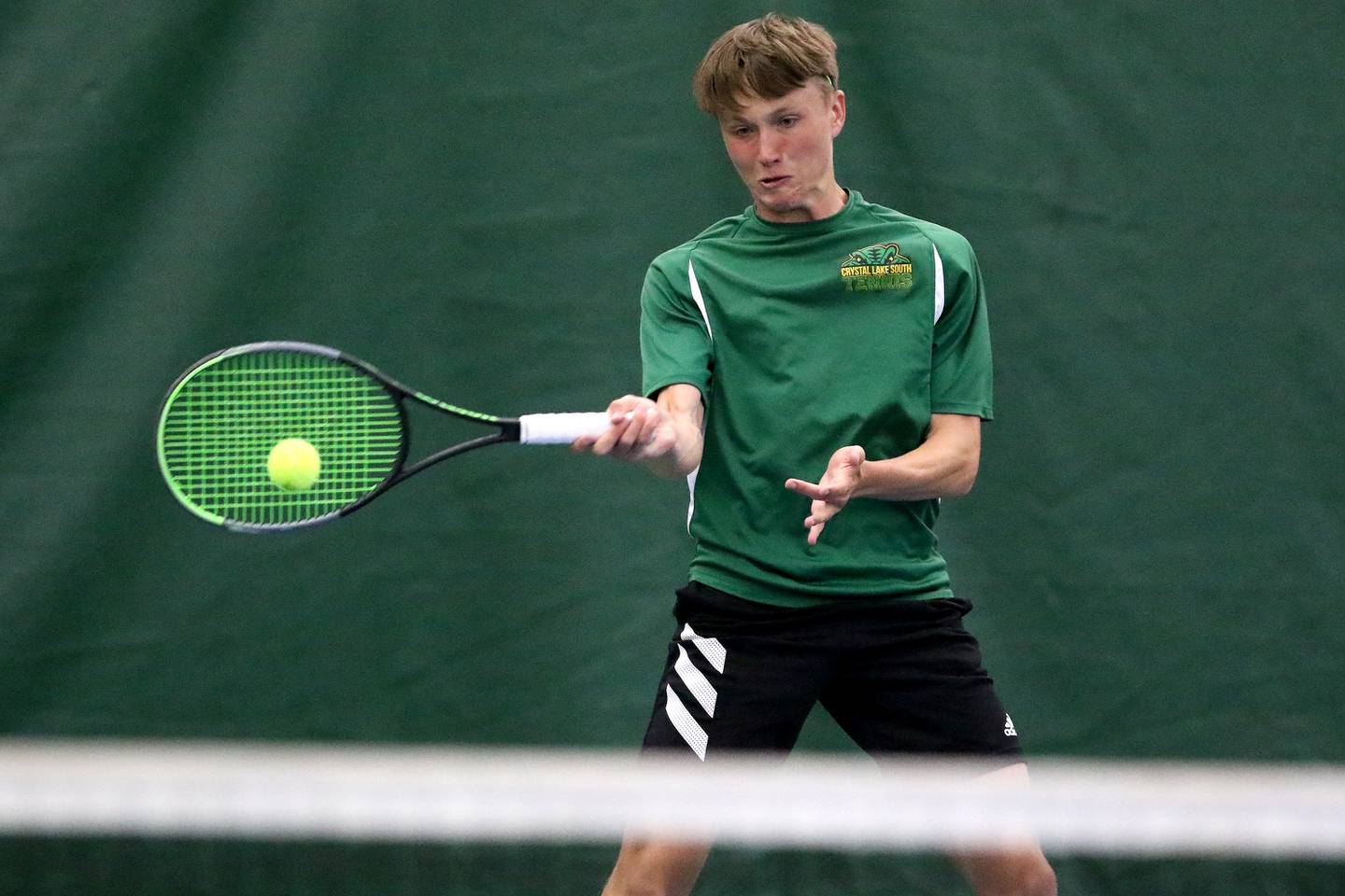 Crystal Lake South's Jackson Schuetzle takes on Jacobs' Thomas Nelson in the final of the Fox Valley Conference Boys' Tennis Tournament at Racket Club on Friday, May 28, 2021 in Crystal Lake.