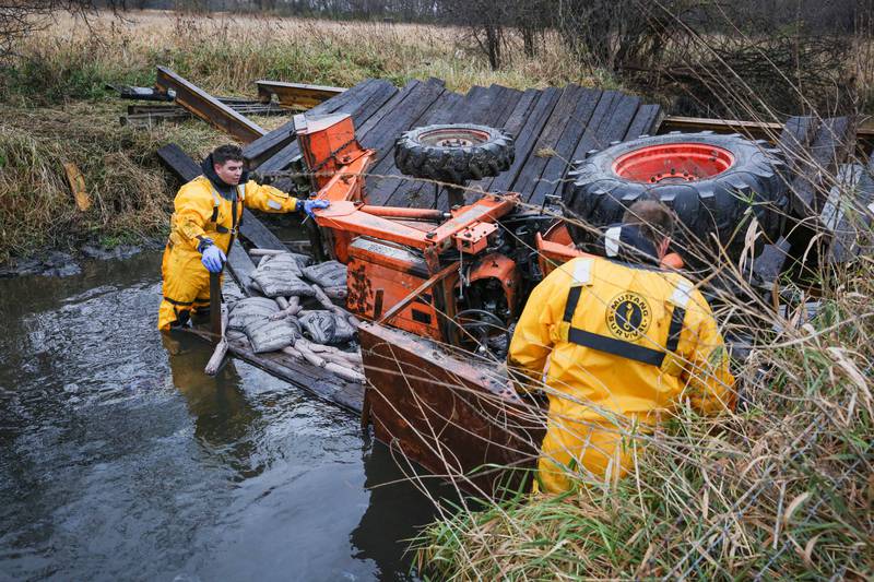 A Woodstock area man suffered hypothermia and other injuries when the bridge he was crossing on a tractor collapsed, pinning him in the water for as long as 30 minutes on Sunday, Nov. 3, 2024.