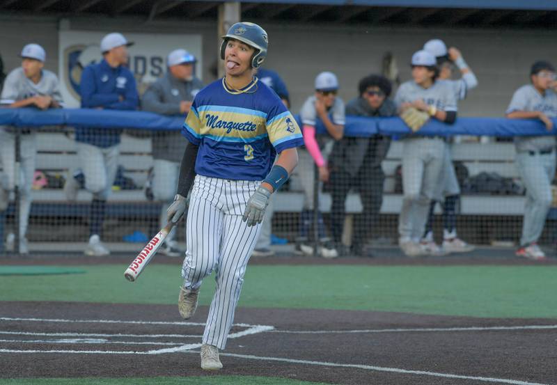 Marquette Academy's Taylor Waldron (3) sticks out his tongue after being walked during the 1A baseball sectional semifinal against Chicago Hope Academy at Judson University in Elgin on Thursday, May 25, 2023.