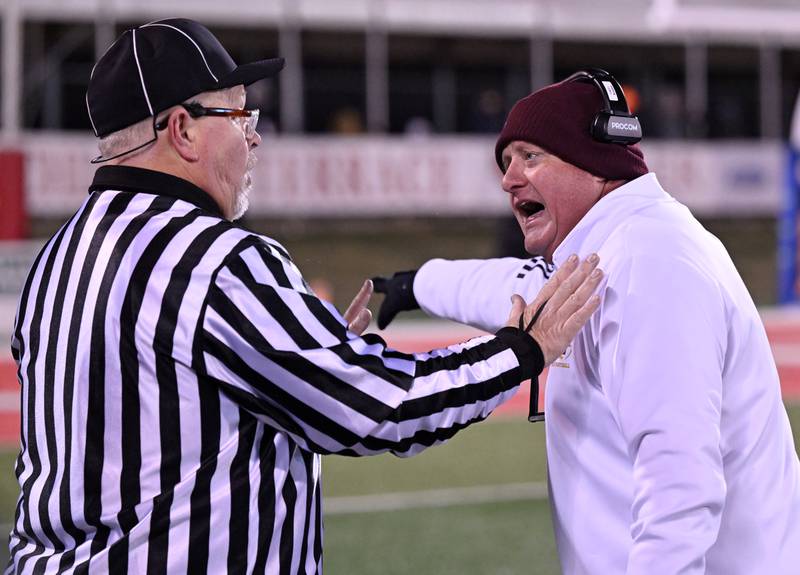 Montini's head coach Mike Bukovsky questions a call during the IHSA Class 4A state championship game against Rochester on Friday, Nov. 28, 2025 in Normal.