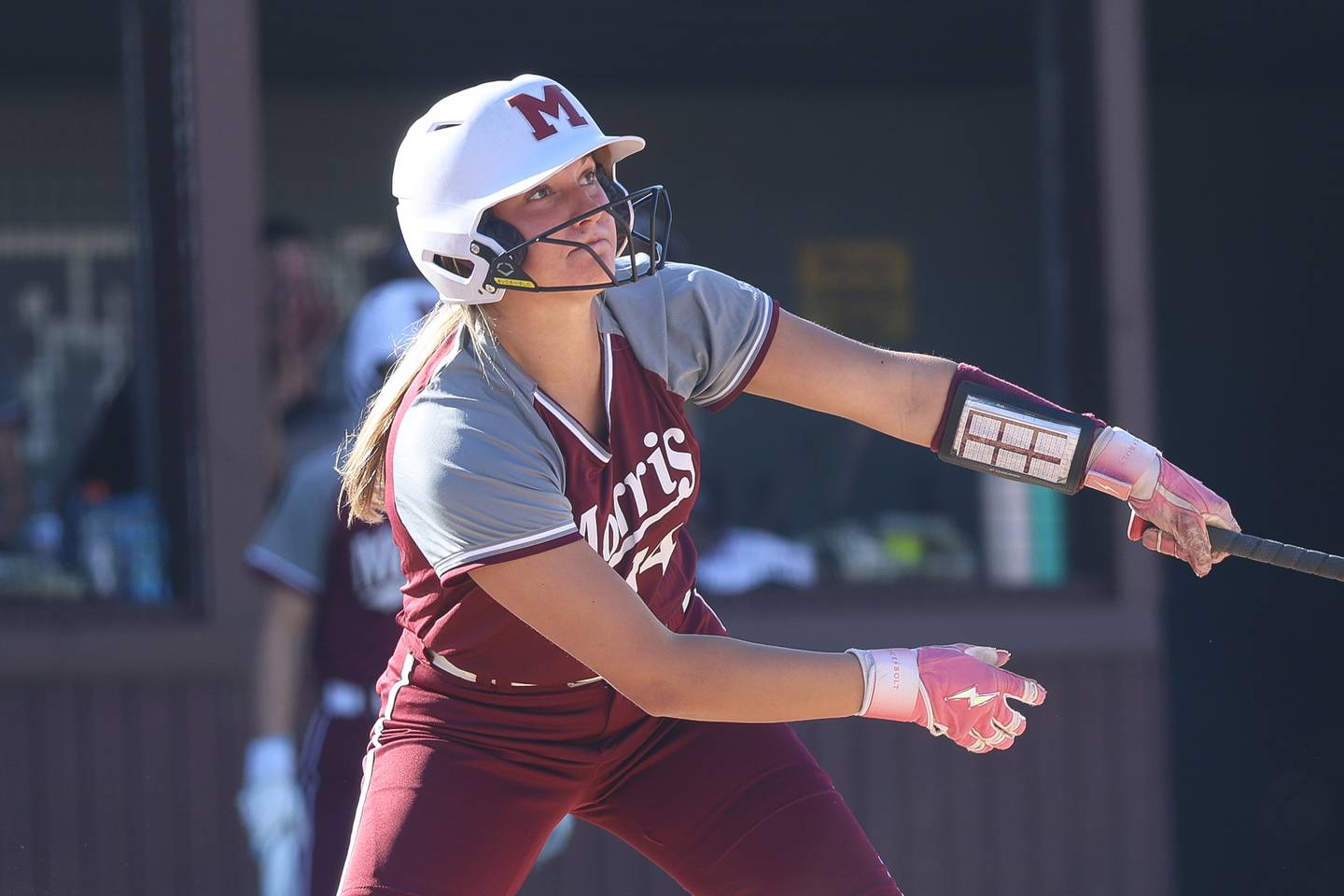 Morris’ Addy Hackett connects for a two run triple against Ottawa on Wednesday, April 8, 2026 in Morris.