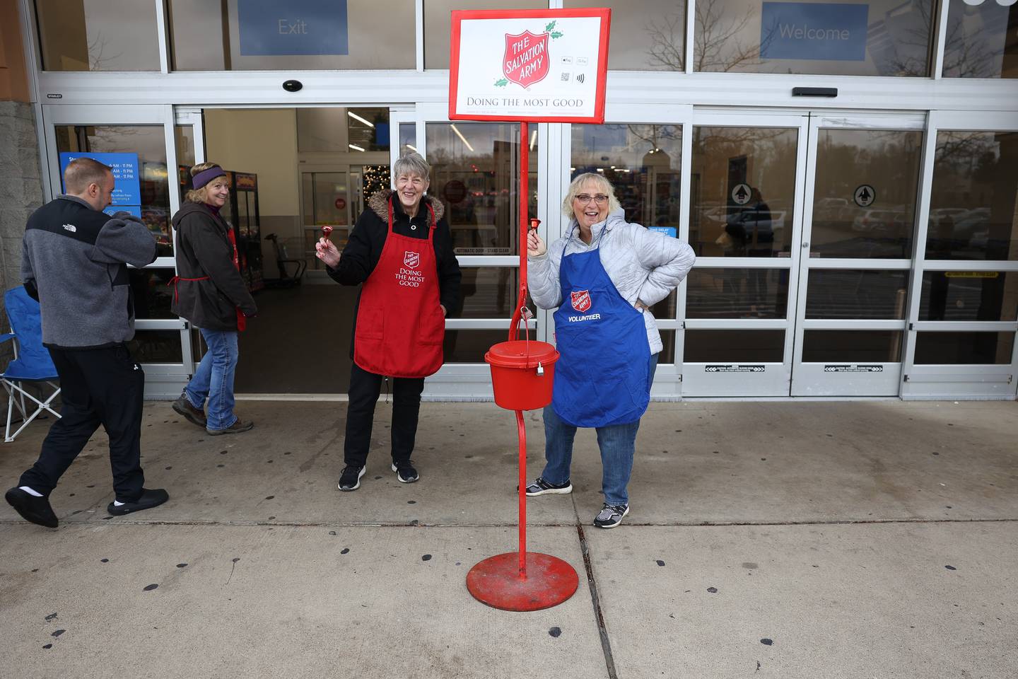 Will County Trail Riders volunteers Joyce Sallese and Sue Panozzo have fun ringing the bells. The Will County Trail Riders brought horses as they volunteered for the Salvation Army on Saturday, Dec. 2nd, 2023 at Walmart in New Lenox.