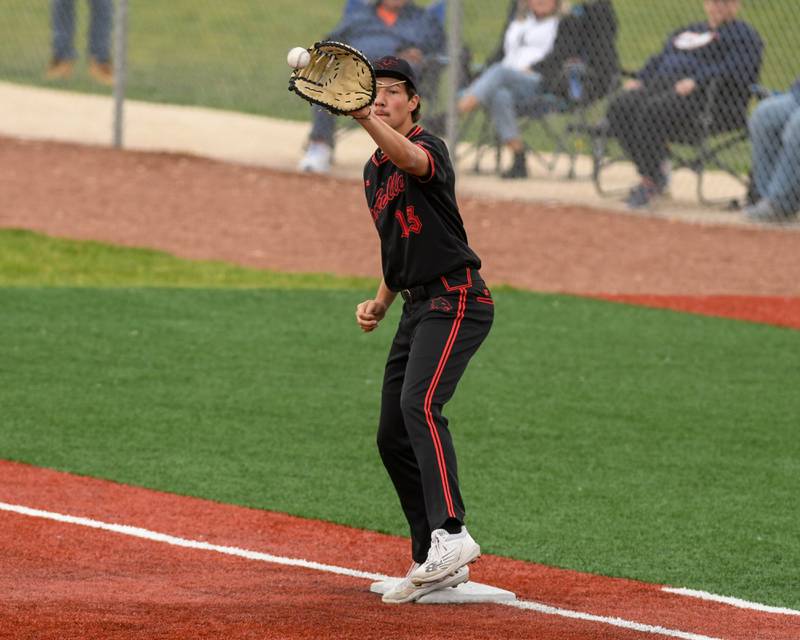Yorkville's Frank Pavlik (14) receives the ball for an out while taking on Romeoville during the regional game on Thursday May 29, 2025, held at Yorkville High School.