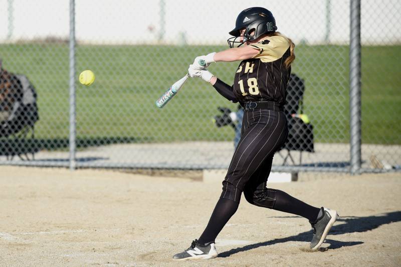 Bishop McNamara's Bridget Bertrand hits a pitch during a home game against Aurora Christian Tuesday, April 8, 2025.