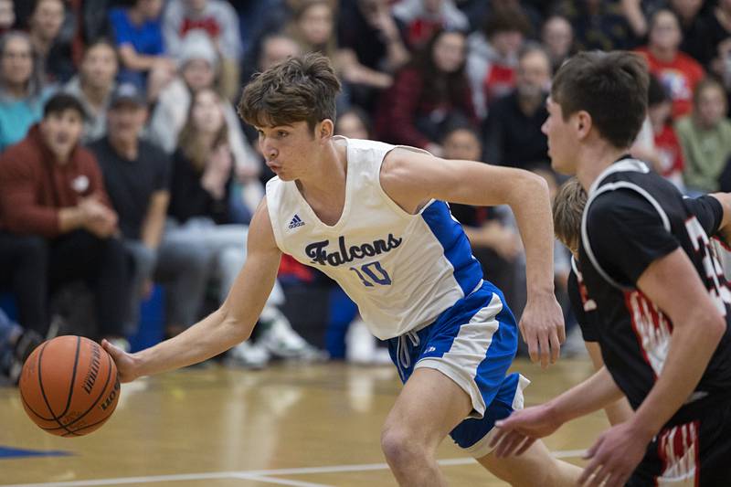 Faith Christian’s Isaiah Schuler handles the ball Thursday, Dec. 15, 2022 while playing Rockford Fire.