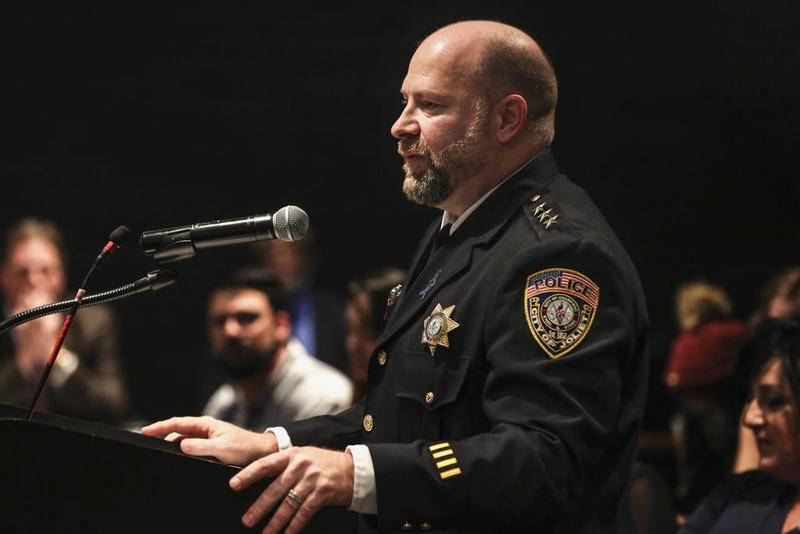 Joliet Police Chief Al Roechner speaks to the Joliet City Council on Tuesday after being sworn in as Joliet's new police chief during a ceremony at Joliet City Hall in Joliet. Roechner replaced Brian Benton who left in August.