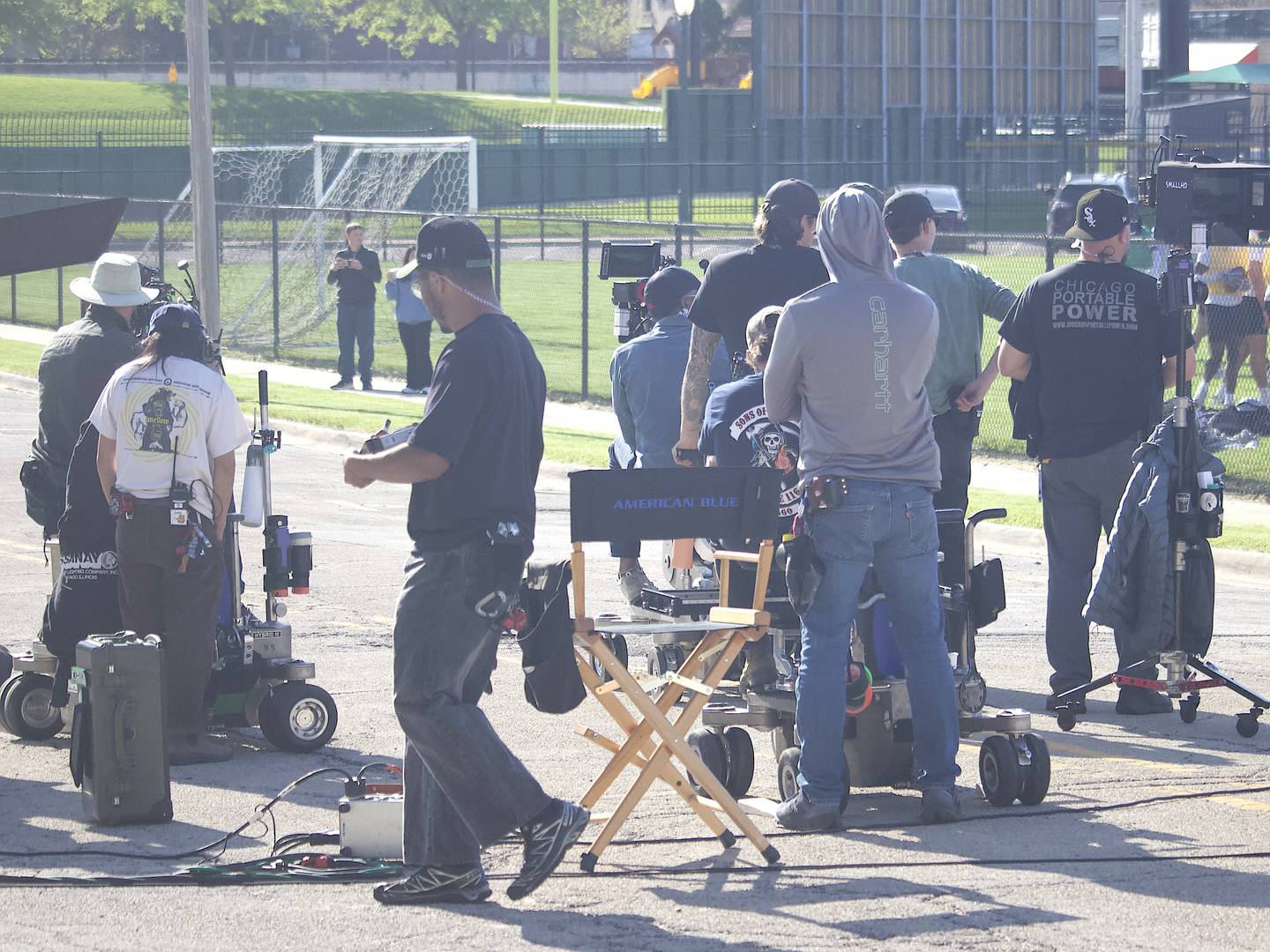 Film crews for the HBO TV pilot "American Blue" near Joliet Slammers baseball stadium on Tuesday, April 28, 2026, on East Van Buren Street in Joliet.