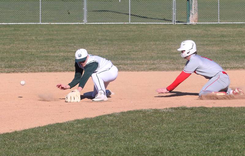 St. Bede's Aiden Mullane misses a throw down to second base as Ottawa's Garrett Schmanski slides into the bag safely on Wednesday, March 20, 2024 at St. Bede Academy.