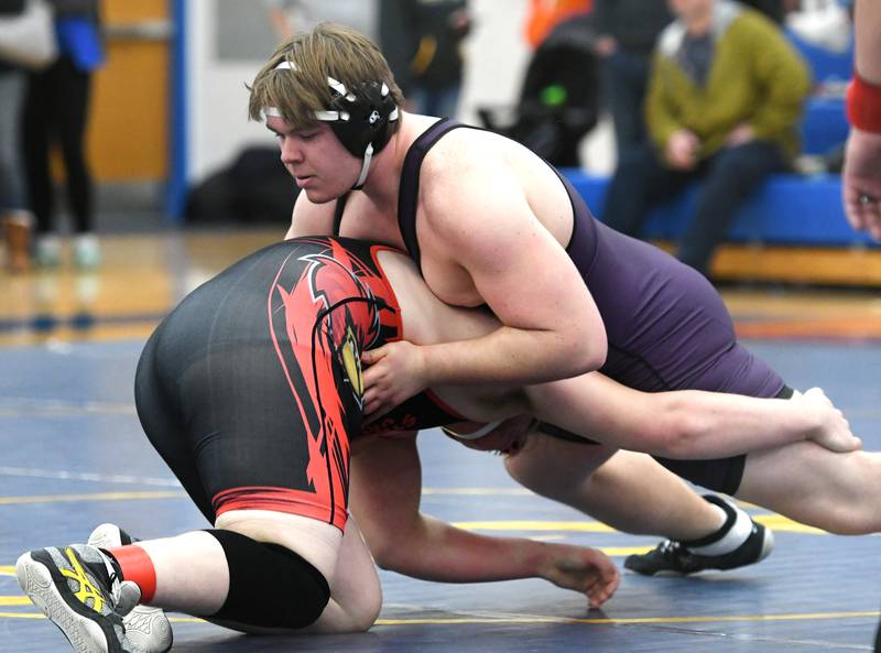 Dixon's Shaun DeVries wrestles Stillman Valley's Blake Mollet in the third-place match at 285 pounds at the 1A Polo Wrestling Regional held at Eastland High School in Lanark on Saturday, Feb. 4.