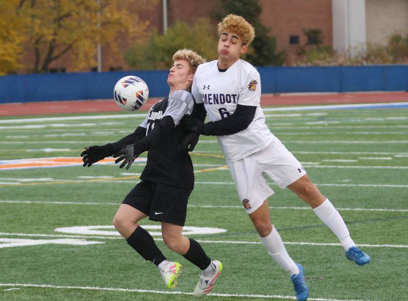 Columbia's Casar Casas blocks the ball from Mendota's Danny Garcia during the Class 1A State title game on Saturday, Nov. 8, 2025 at Hoffman Estates High School.