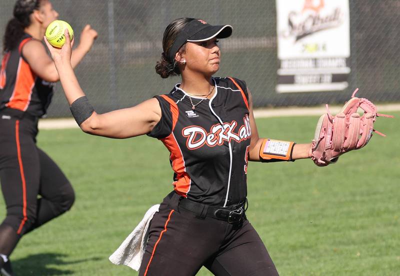 DeKalb's Alaynna Johnson gets the ball back into the infield after making a catch Wednesday, April 22, 2026, during their game against Metea Valley at DeKalb High School.
