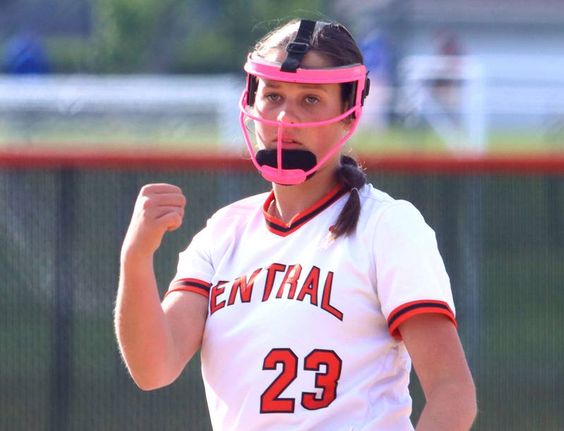 Crystal Lake Central’s Oli Victorine polishes off a pitch against Harvard in varsity softball at Crystal Lake Central High School in Crystal Lake on Monday, May 19, 2025.