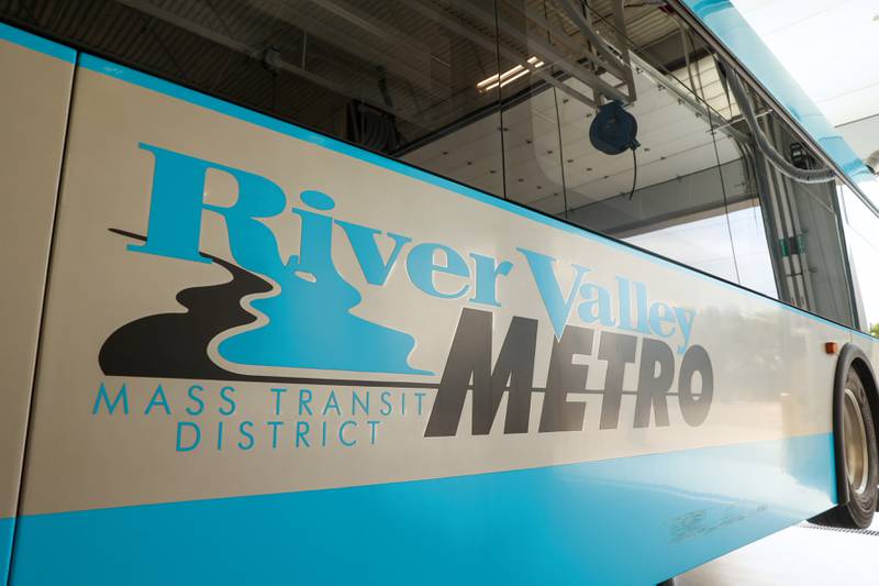 A River Valley Metro bus sits in the new bus maintenance facility on Tuesday, Aug. 26, 2025.