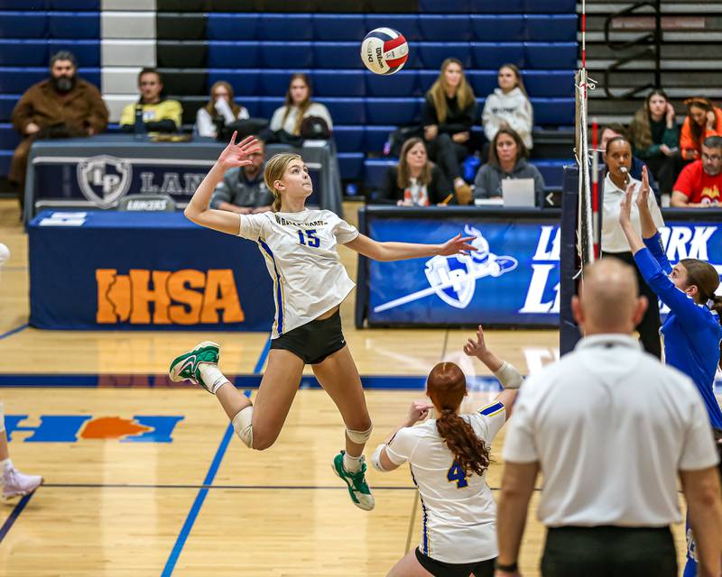 Wheaton North's Olivia Zamis (15) eyes a spike during Class 4A Lake Park Regional final volleyball match between Wheaton North at St Charles North.  Oct 31, 2024  in Roselle.
