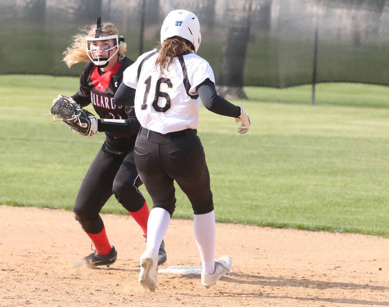 Henry-Senachwine's Brooklynn Thompson steps on second base to force out Putnam County's Kylee Moore on Tuesday, April 25, 2023 at Putnam County High School.