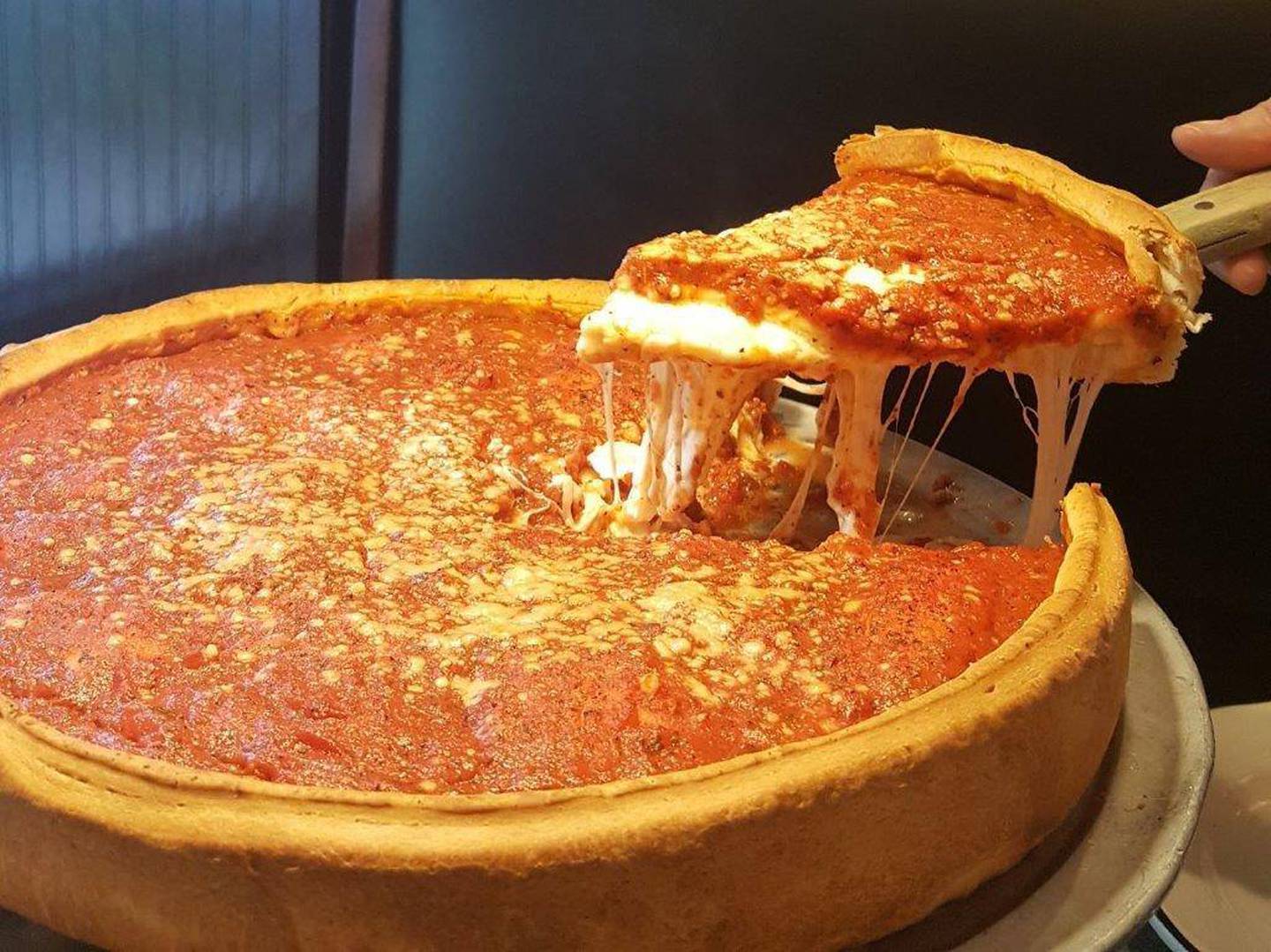 Stuffed deep dish pizza at Leona's Pizzeria & Restaurant.