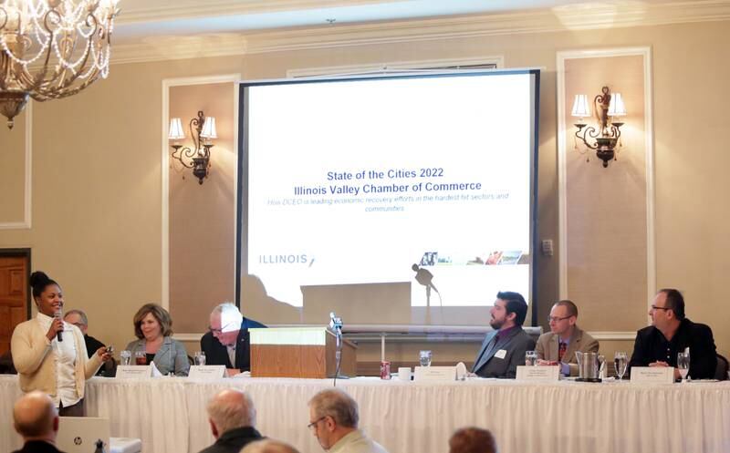 Kimberly Hill chief operating officer at Illinois Department of Commerce and Economic Opportunity, delivers a speech during the Illinois Valley Area Chamber of Commerce (IVAC) during the State of the Cities luncheon on Thursday, March 31, 2022 at Grand Bear Lodge in Utica.
