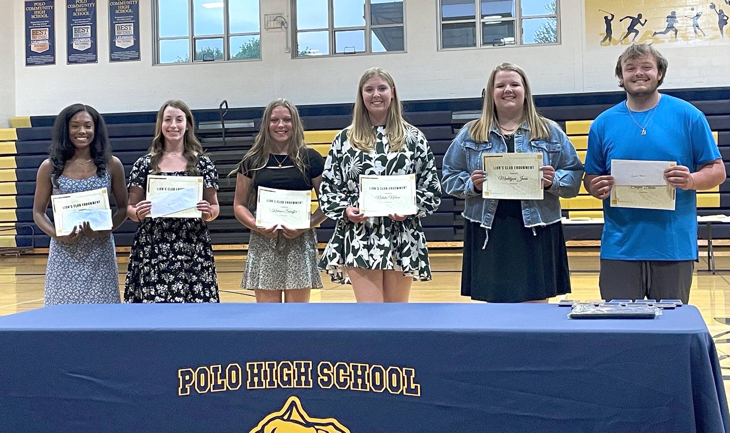 Polo Community High School held its awards night on May 11 during which the Polo Lions Club gave six scholarships. Pictured here, left to right, are the students who received the scholarships Emileigh Williams, who will attend Northern Illinois University; Kealie Wilcox, who will attend Sauk Valley Community College; Kadence Sheaffer, who will attend Illinois State University; Natalie Nelson, who will attend Carroll University; Madelynn Jones, who will attend Sauk Valley Community College; and Cooper Blake, who will attend Sauk Valley Community College. Ryan Shetler presented the scholarships.