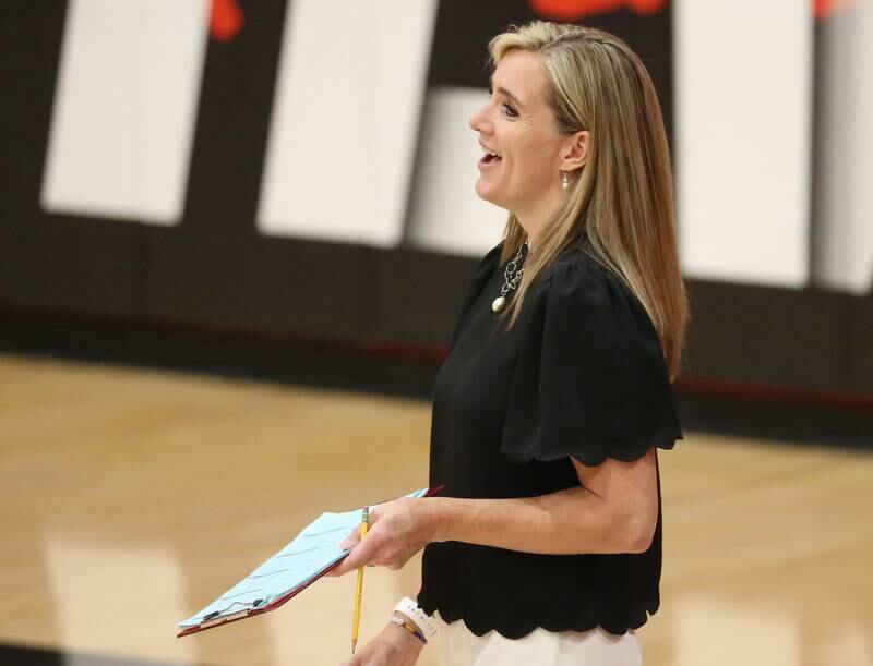 Somonauk head volleyball coach Christy Pruski coaches her team against Earlville on Tuesday, Aug. 29, 2023 at Earlville High School.