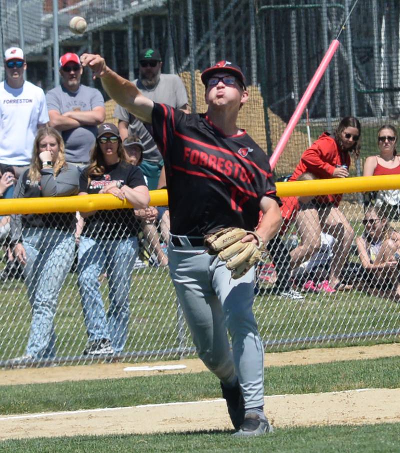 Forreston's Patrick Whichman throws to first during the 1A sectional championship game with East Dubuque on Saturday, May 25, 2024 at Forreston High School.