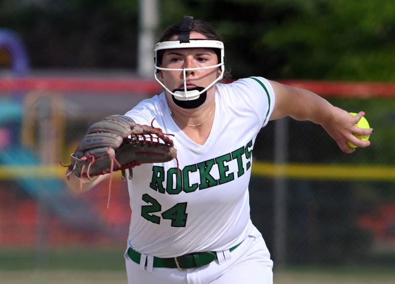 Rock Falls pitcher Katie Thatcher is focused on the plate as she prepares to hurl a ball to the plate Tuesday during sectional semifinal action against Richmond Burton.