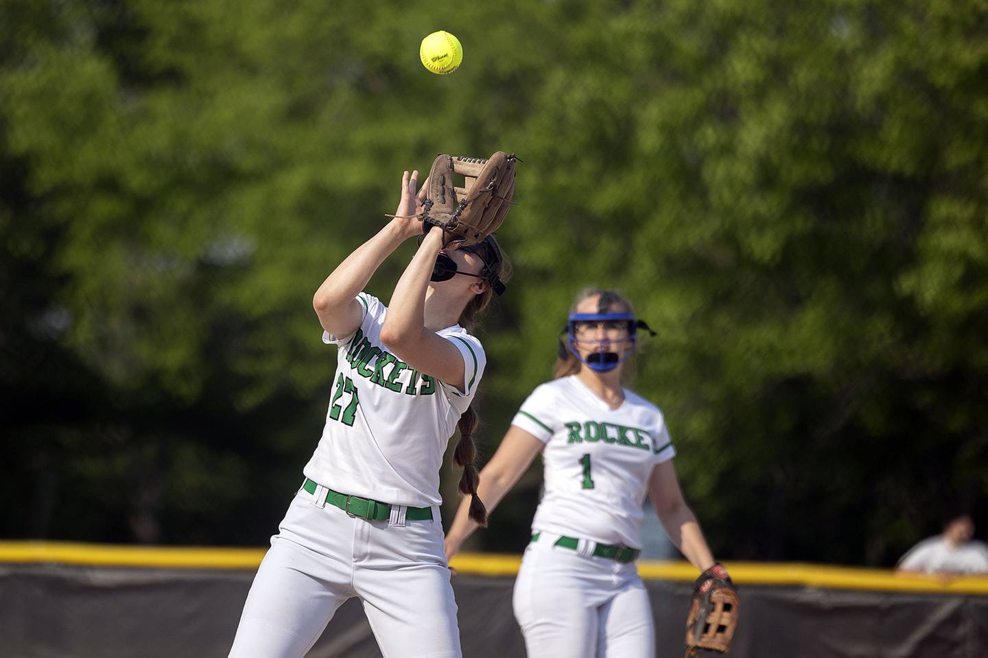 Rock Falls’ Rylee Johnson hauls in a pop up for an out against North Boone Friday, May 19, 2023.