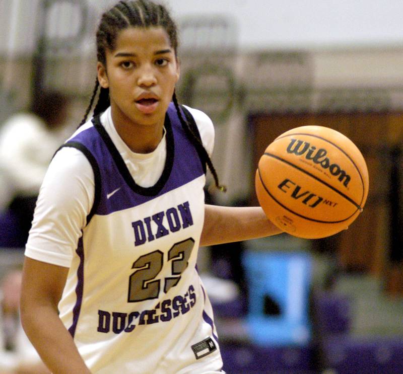 Dixon's Ahmyrie McGowan drives to the basket. The Dixon Duchesses played  the Aurora Central Catholic Chargers in the Dixon Holiday Tournament at Dixon High School on Friday, December 26th, 2025