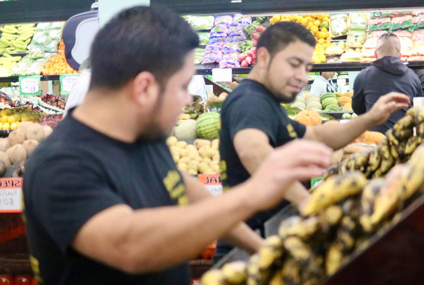 Produce Manager Manuel Coc Caal restocks the fruit shelves on Monday, Feb. 10, 2025, at DeKalb Fresh Market, 615 Oak St., DeKalb. Store employees said they're bracing for increased tariffs imposed on products that could impact local customers.