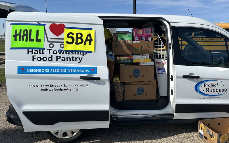 A packed van full of donations to the Hall Township Food Pantry greets fans before the game between Hall and St. Bede baseball on Monday, March 31, 2025 at Schweickert Stadium in Peru. Teams collected items totaling 1,179 pounds of food.