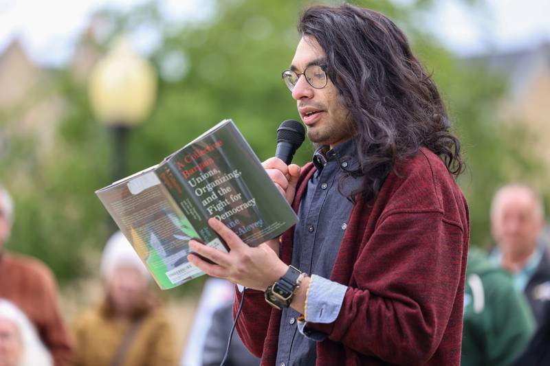 Brandon Hudspeth, an organizer with Connect Kankakee, speaks during the May Day Strong rally at the Kankakee County Courthouse on May 1, 2026, as part of a national day of action.