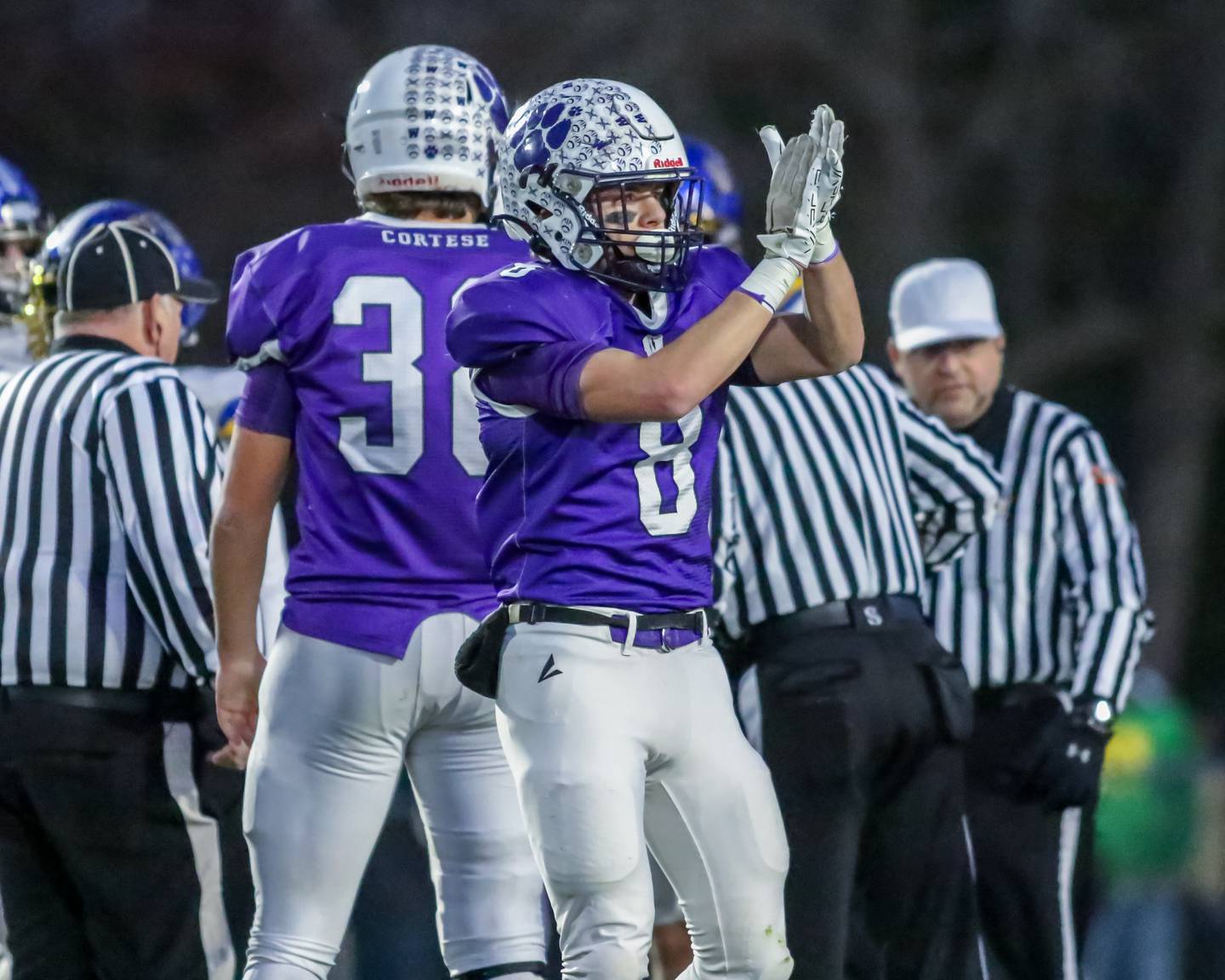 Wilmington's Kyle Farrell (8) celebrates a big defensive stop during Class 2A semi-final playoff football game between Moroa-Forsyth at Wimington.  Nov 18, 2023.