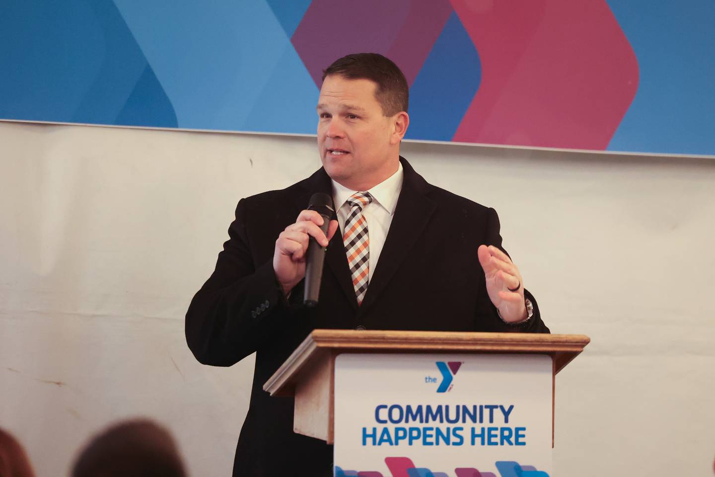 Minooka Community High School District 111 Superintendent Dr. Robert Shiffbauer speaks at the Village of Shorewood YCMA groundbreaking ceremony on Thursday, Nov. 21, 2024 in Shorewood.