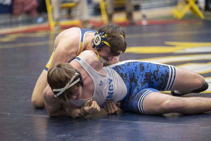 Sterling’s Gage Tate controls Quincy’s Destry Bergman at 175 pounds Friday, Jan. 31, 2025, during the Western Big 6 conference wrestling tournament held at Sterling High School. Tate went on to take third.