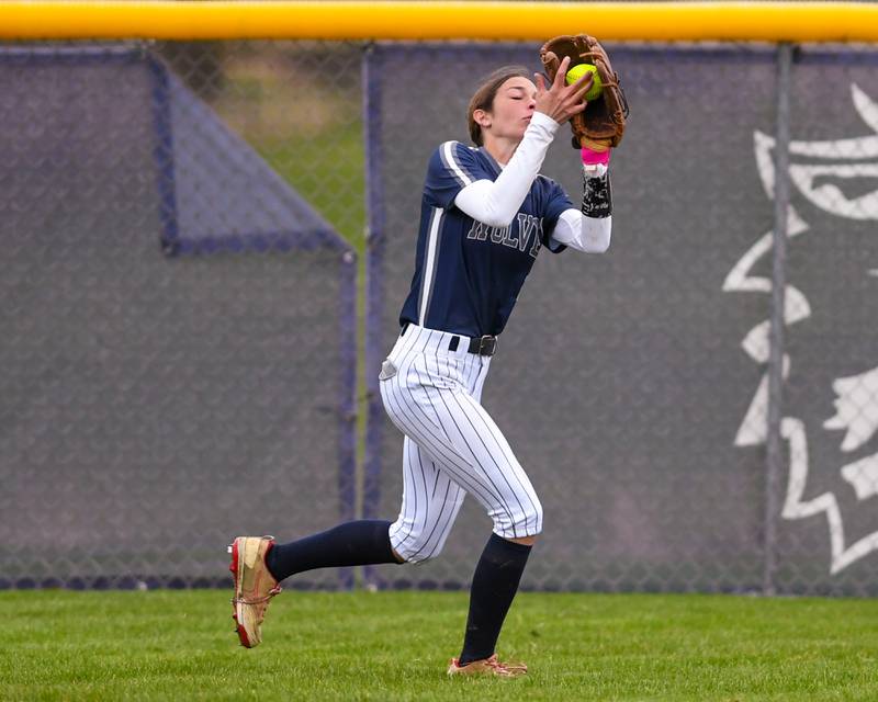 Oswego East’s Lundin Cornelius (2) makes a catch during the game on Thursday April 17, 2025, while taking on Plainfield North held at Oswego East High School.