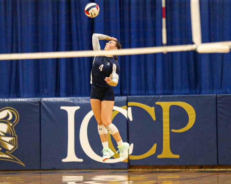 IC Catholic Prep's Ava Falduto (4) serves during volleyball match between Nazareth at IC Catholic Prep.  Aug 29, 2023.