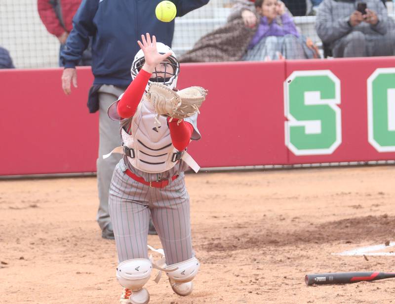 L-P catcher Mackenzie Chamberlain makes a catch on a foul ball near the plate against Ottawa on Monday, April 21, 2025 at the L-P Athletic Complex in La Salle.