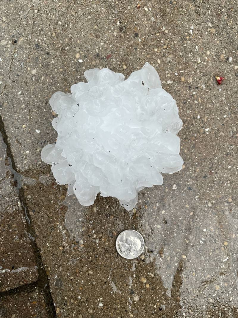 Hail that fell from the sky in West Kankakee Tuesday was quite a bit larger than a quarter, with reports of hail as large as a tennis ball on Tuesday, March 10, 2026.