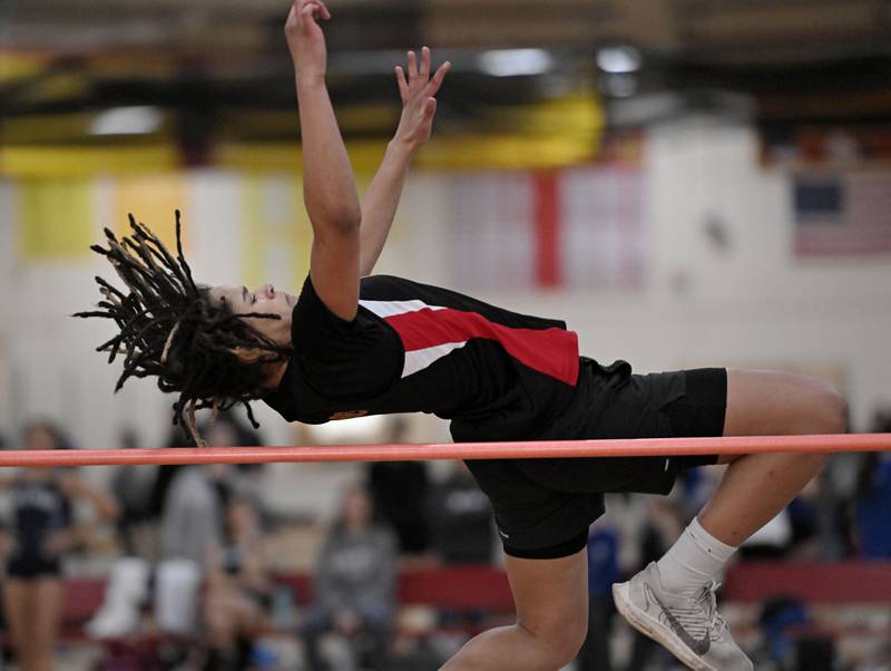 Batavia's Addie Prewitt in the high jump at the Dukane Conference girls indoor track and field meet at Batavia High School on Friday, March 15, 2024.