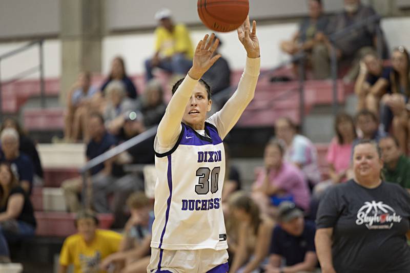 Dixon’s Harvest Day puts up a shot in three-point contest Thursday, June 15, 2023 during the Sauk Valley Media All-Star Basketball Classic at Sauk Valley College.