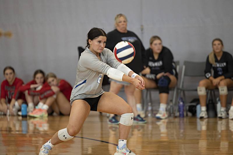 Newman’s Addison Foster takes a serve from Rochelle Saturday, Sept. 30, 2023 during the Sterling Volleyball Invitational held at Challand Middle School.