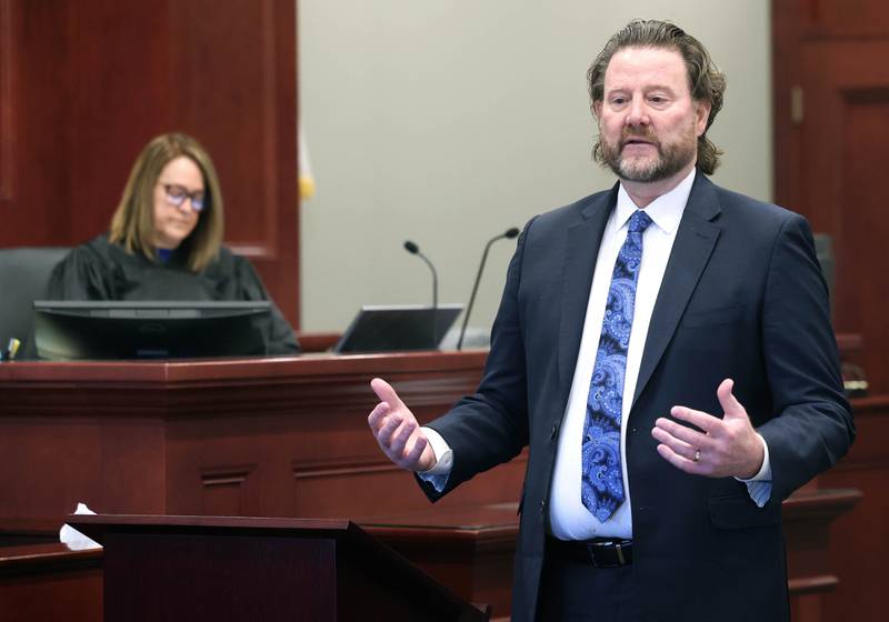 Lead prosecutor Scott Schwertley of the DeKalb County State's Attorney's Office, makes his opening statement while Circuit Court Judge Marcy Buick listens on Thursday, Jan. 23, 2025, during the trial of Jonathan Hurst at the DeKalb County Courthouse in Sycamore. Hurst is charged in the 2016 slayings of Sycamore elderly mother and son Patricia and Robert Wilson.
