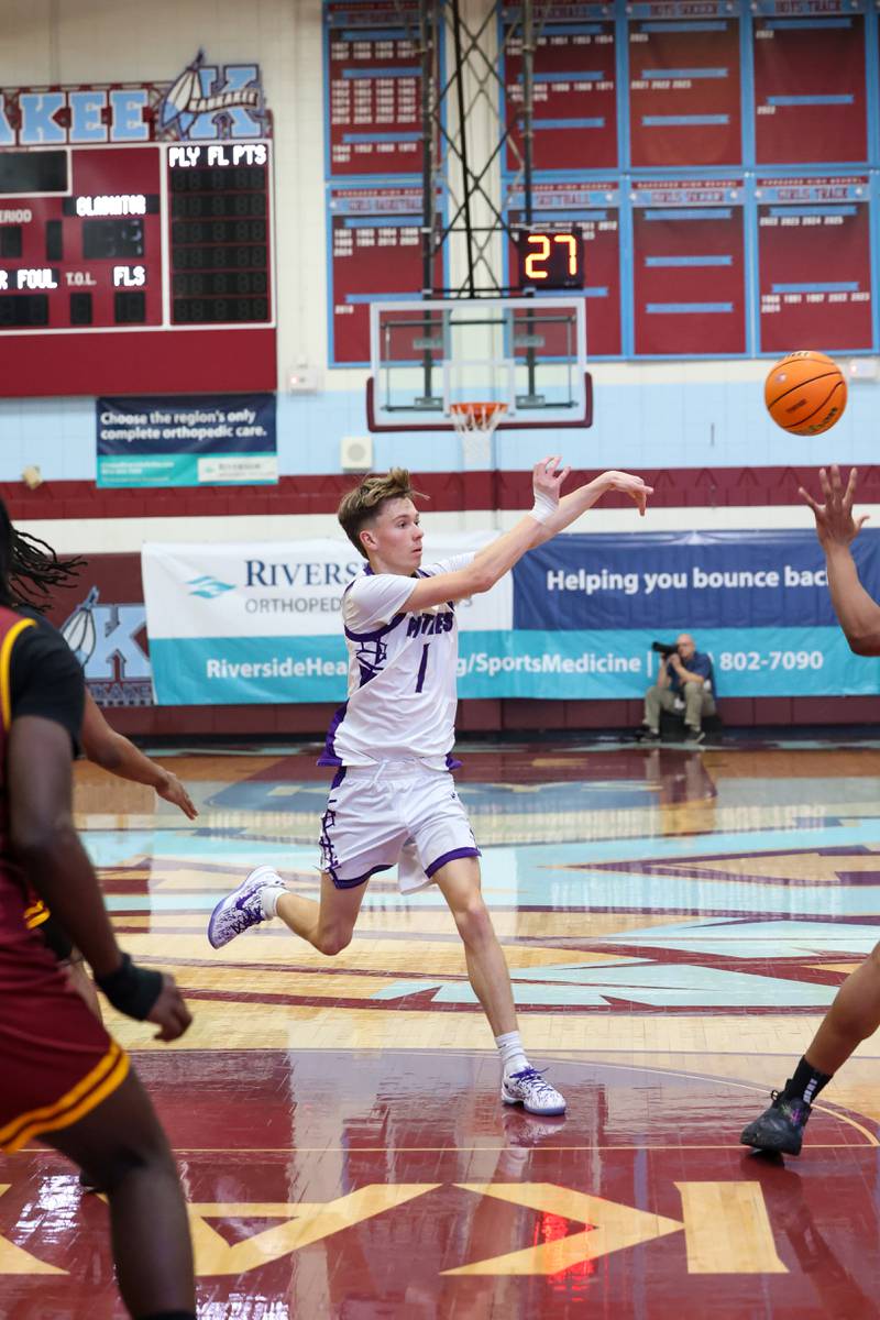 Manteno's Eric Eldridge passes the ball during the Panthers' 65-52 loss to Christ the King in the Kankakee Holiday Tournament blue bracket championship game on Sunday, Dec. 28, 2025.