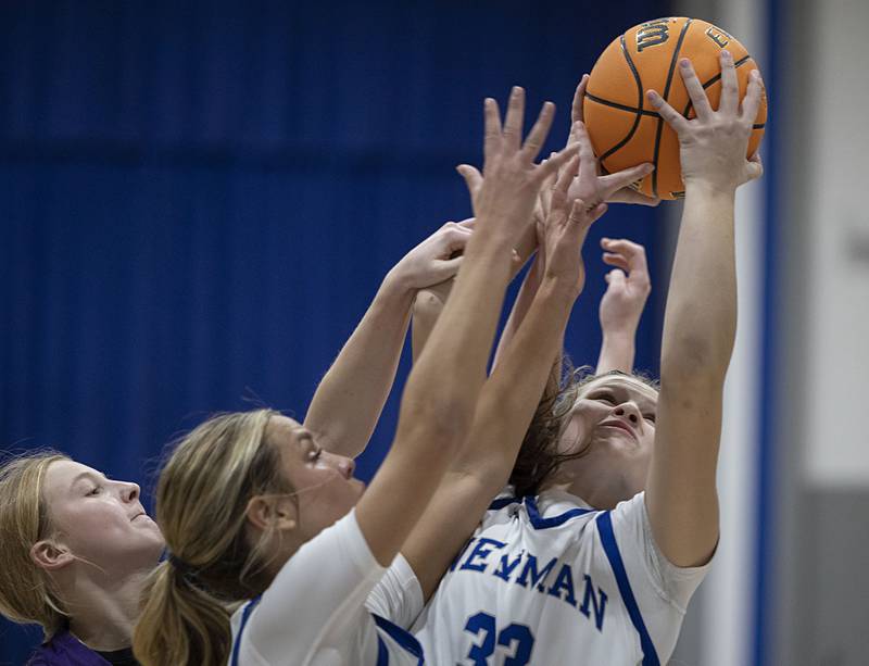 Newman’s Veronica Haley hauls down a rebound against Mendota Thursday, Dec. 4, 2025.