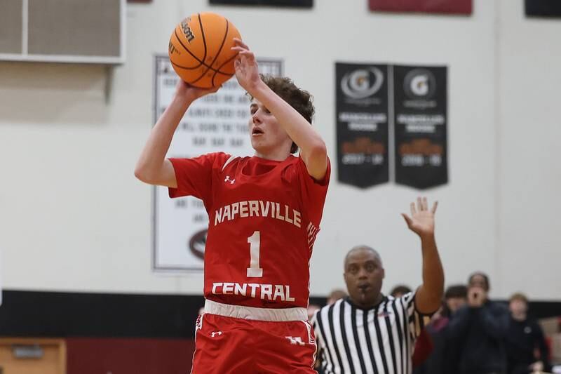Naperville Central’s TJ Hillman takes an outside shot against Plainfield North on Wednesday, Jan 22, 2025 in Plainfield.
