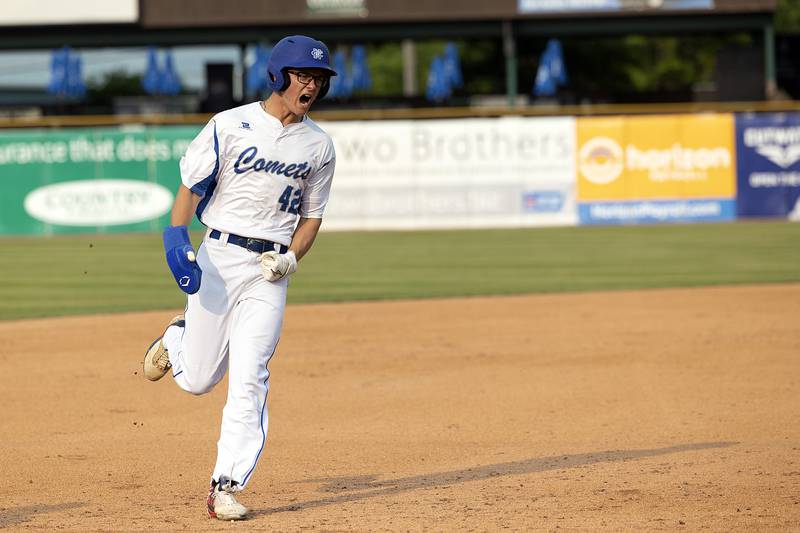 Newman’s Chase Decker celebrates as he rounds the bases on Kelly’s home run against Chicago Hope Monday, June 2, 2025, during the Class 2A Supersectional at Northwestern Medicine Field in Geneva.