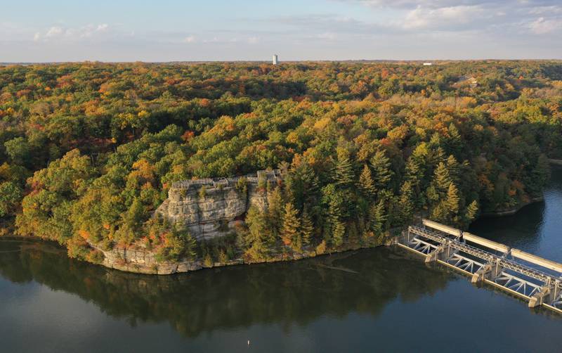 An aerial view of the fall colors over Eagle Cliff on Tuesday, Oct. 24, 2023 at Starved Rock State Park