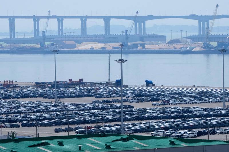 Vehicles for export are parked at a port in Pyeongtaek, South Korea, Friday, Aug. 1, 2025. (AP Photo/Ahn Young-joon)