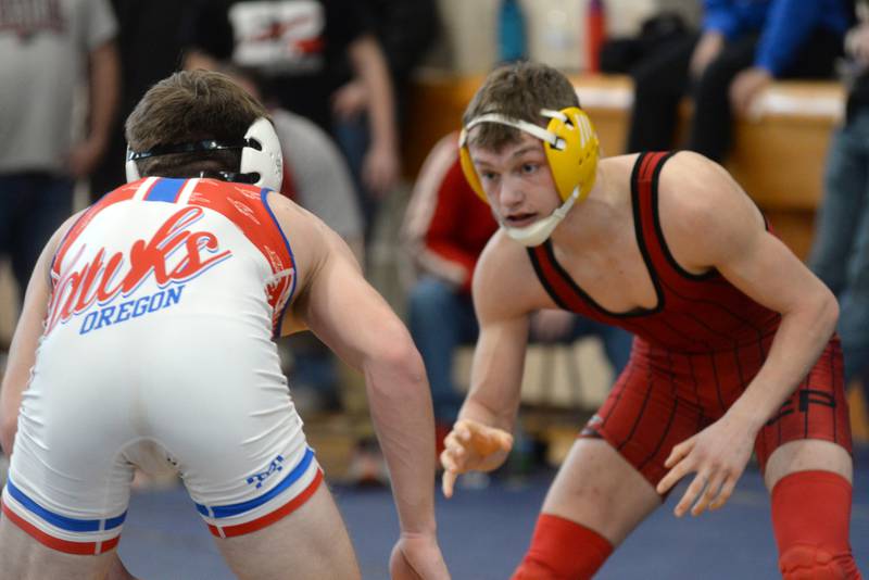 Erie-Prophetstown's Aidan Jepson (right) squares off against Oregon's Jackson Messenger in the 138-pound title bout at the Polo Wrestling Invitational on Saturday, Jan. 11, 2025 at Polo High School. Jepson won the match.